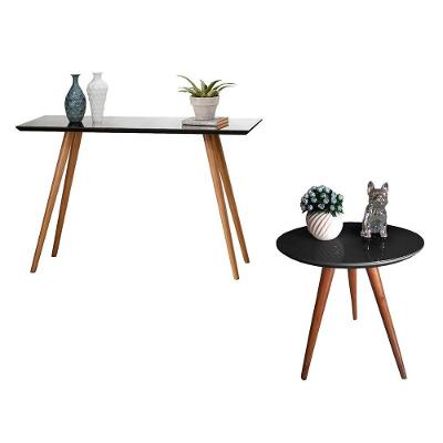Kit Aparador e Mesa Lateral com Vidro Pés Palito em MDF Preto para Sala