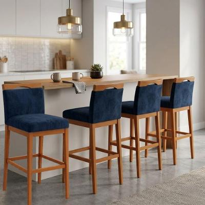 Kit 4 Banquetas Alta Cozinha Gourmet Conforto Suede Azul com Encosto Fixo para Bancada