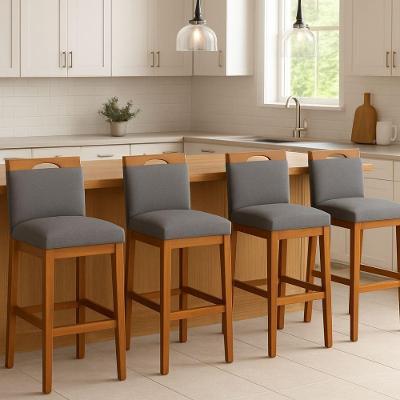 Kit 4 Banquetas Alta Cozinha Gourmet Conforto Estofada Linho Encosto Fixo Cinza