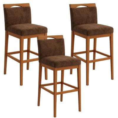Kit 3 Banquetas Altas Cozinha Gourmet Estofadas Suede Marrom com Encosto Tatite Decor