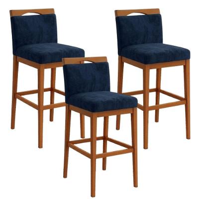 Kit 3 Banquetas Alta Cozinha Gourmet Conforto Madeira Suede Azul Tatite Decor