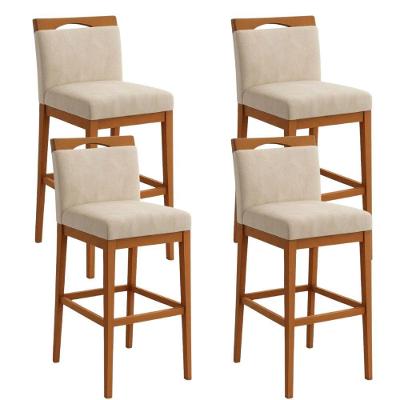 Kit 4 Banquetas Alta Cozinha Gourmet Assento Suede Base Madeira Encosto Fixo Bege