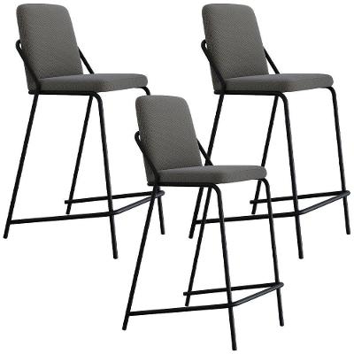 Kit 3 Banquetas Altas C01 Assento em Linho com Encosto Estrutura Fixa Preto Fendi Cinza Lyam Decor