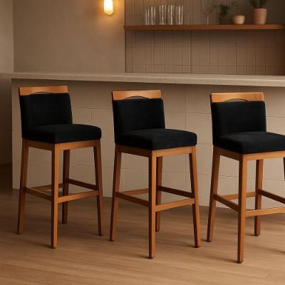 Kit 3 Banquetas Alta Cozinha Gourmet Suede Madeira de Eucalipto 40cm Preto Black House Decor