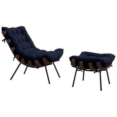 Conjunto Decorativo Poltrona e Puff Abel G41 Veludo Azul para Sala de Estar Gran Belo