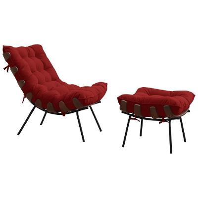 Conjunto Decorativo Poltrona e Puff Abel G41 Veludo Vermelho com Pés Palito Gran Belo
