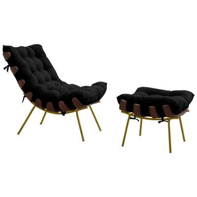 Conjunto Poltrona e Puff Abel G41 Decorativo Veludo Preto Base Madeira Dourada Gran Belo