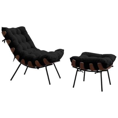 Conjunto Decorativo Poltrona e Puff Abel G41 Veludo Preto com Pés Palito Gran Belo