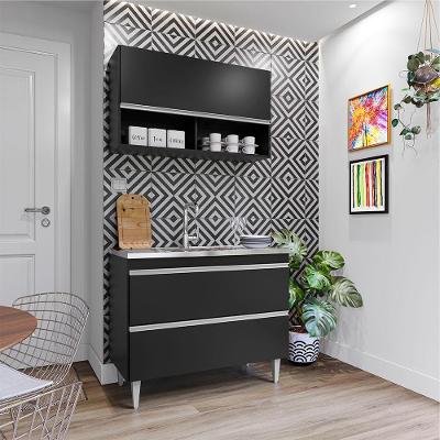 Conjunto Balcão de Cozinha e Armário Aéreo Wollo 3 Portas Preto G96 Gran Belo