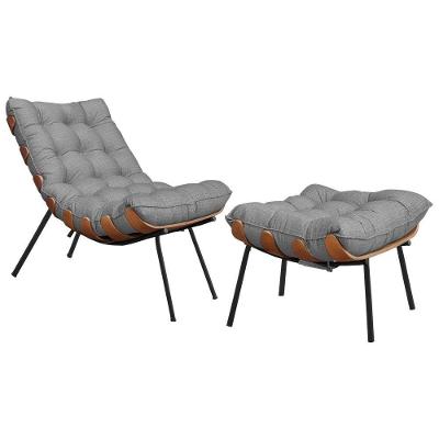Conjunto Decorativo Poltrona e Puff Abel G41 Linho Cinza com Pés Palito para Sala Gran Belo