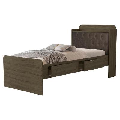 Cama Baú Solteiro Tamires com Gavetas e Baú Mdf Castanho Nogal Milani Movelaria