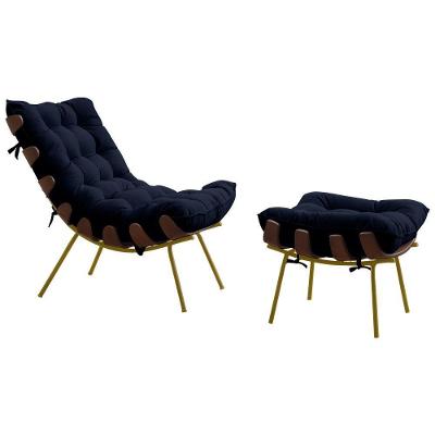 Conjunto Decorativo Poltrona e Puff Abel Veludo Azul Base Madeira Dourada Gran Belo