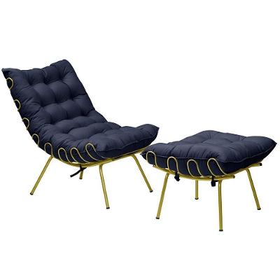 Conjunto Decorativo Poltrona e Puff Abel G41 Suede Azul com Base de Ferro Dourada Gran Belo