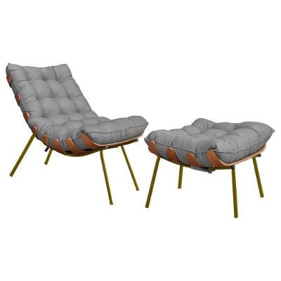 Conjunto Decorativo Poltrona e Puff Abel G41 Linho Cinza com Pés Palito Gran Belo