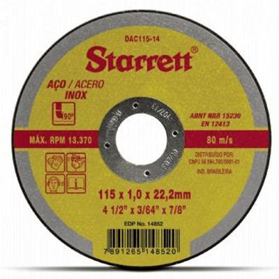 Disco Abrasivo de Corte 115x1,0x22,2mm Dac115-14 para Aço Carbono e Inox Starrett