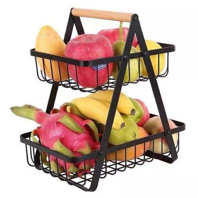 Fruteira Metálica 2 Andares com Alça de Madeira Organizador Multiuso Preto Top Rio Comercial