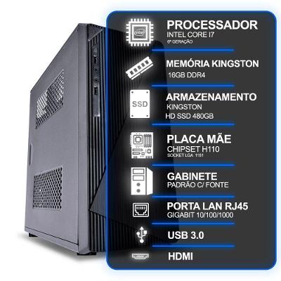 Computador Desktop Intel Core I7 6a Geração 16GB Ram Ssd 480GB sem Sistema Operacional Preto