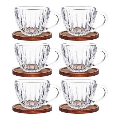 Jogo 6 Xícaras Montecarlo 180ml Cristal com Pires de Madeira Acácia Transparente Hauskraft