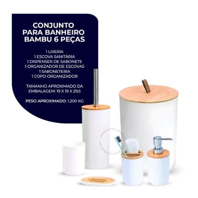 Kit Banheiro 6 Peças com Lixeira 9L Plástico com Pedal Detalhes em Bambu Branco OEM