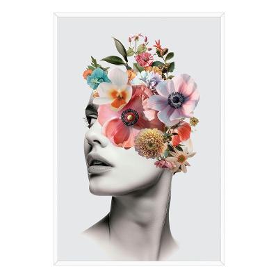 Quadro Decorativo Mulher Floral Retangular 50x75cm com Vidro Acrílico Branco Soleil Home Decor
