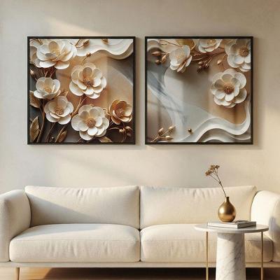 Quadro Decorativo Flores Brancas 3D 90x90cm MDF com Vidro Acrílico Moldura Preta Soleil Home Decor