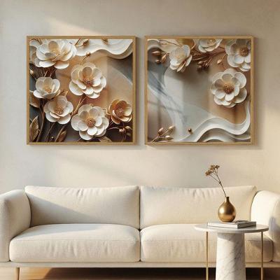 Quadro Decorativo Flores Brancas 3D Abstratas 50x50cm Moldura Freijo Soleil Home Decor