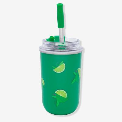 Copo com Canudo Copo Neo Frutas Limão 300ML Aço Inoxidável Parede Dupla Verde Zonacriativa