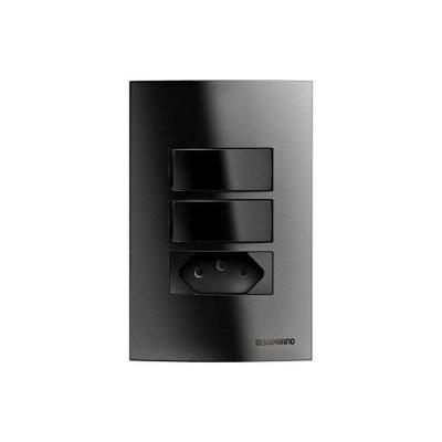 Conjunto 2 Interruptores Simples e 1 Tomada 2 Polos 10A 250V Linha Brava Preto Soprano