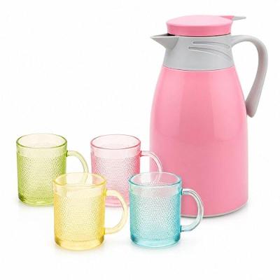 Garrafa Térmica 1L com Jogo 4 Copos Vidro 190ml Texturizados Rosa para Uso Doméstico Carisma