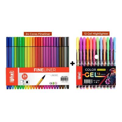 Kit de Canetas Coloridas Ponta Fina e Gel Highlighter OEM Glizi Fineliner 36 Cores Criativo
