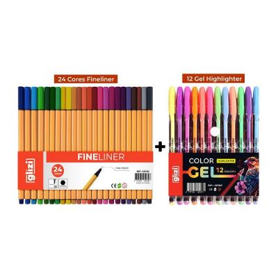 Kit de Canetas Coloridas Ponta Fina e Gel Highlighter Oem Glizi 24 Fineliner 0,4mm e 12 Gel