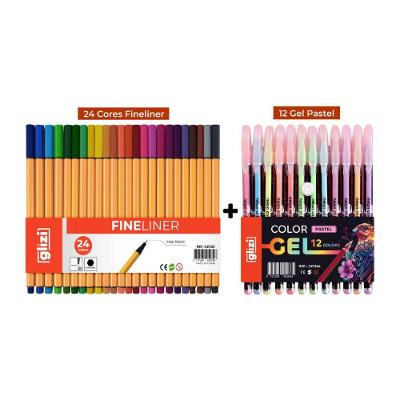 Kit de Canetas Coloridas Ponta Fina e Gel Highlighter Oem Glizi 36 Cores para Lettering e Estudos