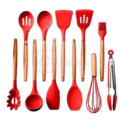 Kit de Utensílios de Cozinha 12 Peças Silicone com Cabo de Madeira Vermelho Aquilae
