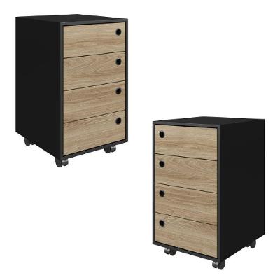 Kit 2 Gaveteiros Multiuso P1072 Moderno MDP com Rodízios Preto Oak Placa & Ponto