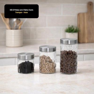 Kit 3 Potes em Vidro com Tampa Inox para Armazenar Alimentos e Organizar Cozinha Fratelli