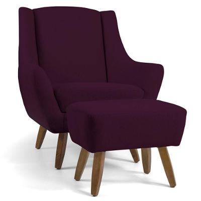 Poltrona Decorativa com Puff Naomi para Sala de Estar em Veludo Roxo Grape G15 Gran Belo