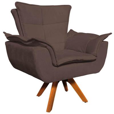 Poltrona Decorativa Charger G19 Giratória em Madeira Suede Marrom para Sala de Estar Gran Belo