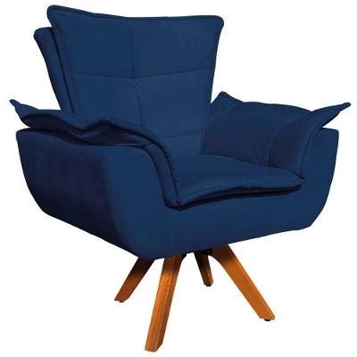 Poltrona Decorativa Charger G19 Giratória em Madeira Suede Azul Marinho para Sala de Estar Gran Belo