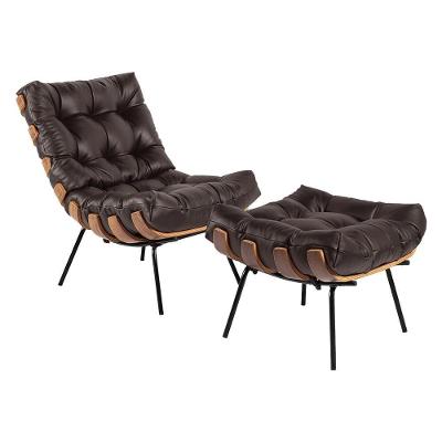 Poltrona e Puff G34 Decorativos para Sala de Estar em Couro Marrom Gran Belo