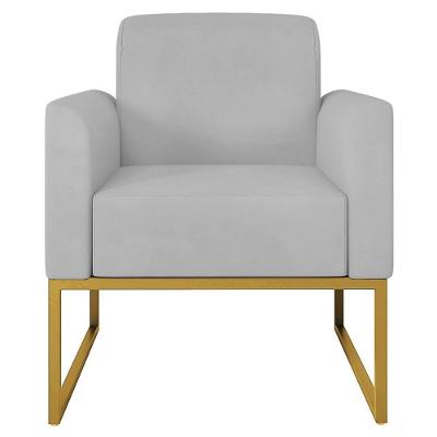 Poltrona Decorativa Isabella Base Industrial Suede Cinza Dourado Estrutura Madeira Gran Belo