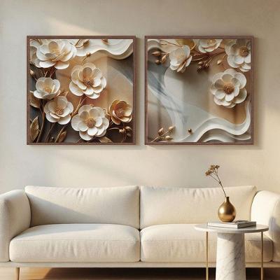 Quadro Decorativo Flores Brancas 3D Abstratas 50x50cm com Vidro Acrílico Moldura Ype Soleil Home
