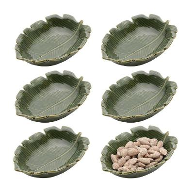 Kit 6 Mini Petisqueira Travessa Banana Leaf de Cerâmica para Servir Verde Lyor