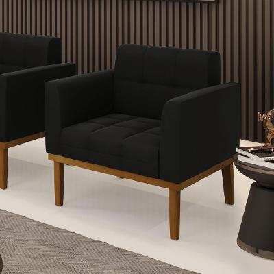 Poltrona Decorativa Karen Suede Preto com Pés Reto em Madeira para Sala de Estar Gran Belo