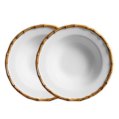 Jogo 2 Prato Fundo Flat 22cm Cerâmica Branco Borda de Bambu Grossa Cerâmica Scalla