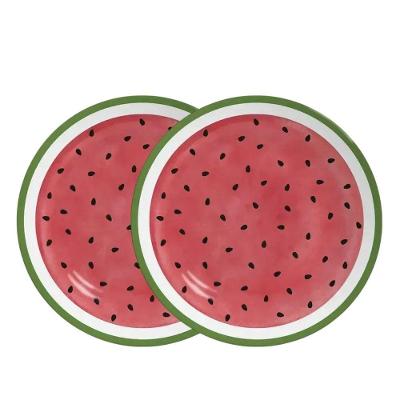 Jogo 2 Prato de Sobremesa Melancia Frutas Tropicais Cerâmica Vermelho Alleanza