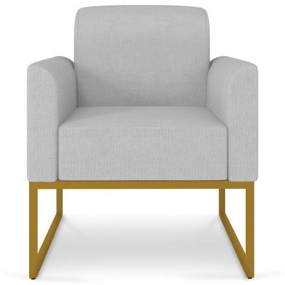 Poltrona Decorativa Isabella em Linho Cinza e Dourado com Base Industrial Gran Belo