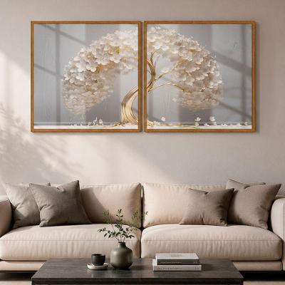 Quadro Decorativo Árvore de Ouro das Flores Brancas 2 Peças 50x50cm Moldura Freijo Soleil Home Decor