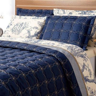 Cobre Leito Porcelana Queen 3 Peças Bordado Azul Marinho Casaborda Enxovais