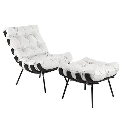 Poltrona e Puff G34 Sala de Estar Costela Couro Branco Base Preta Gran Belo
