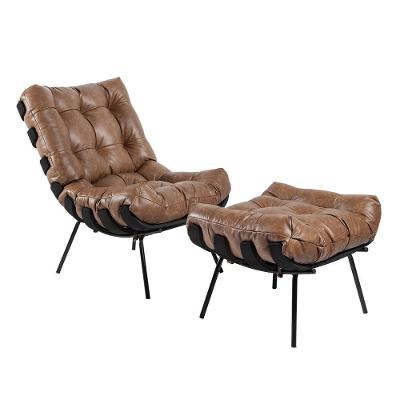 Poltrona e Puff Decorativos G34 Sala de Estar Costela Couro Mel Base Preta Gran Belo